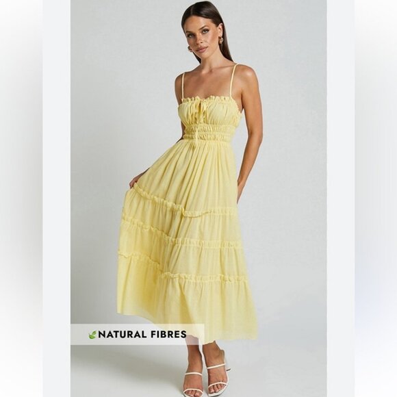NWT Showpo Schiffer Midi Dress Strappy Ruched Tie Front Tiered Yellow Women’s 2 - Picture 1 of 8